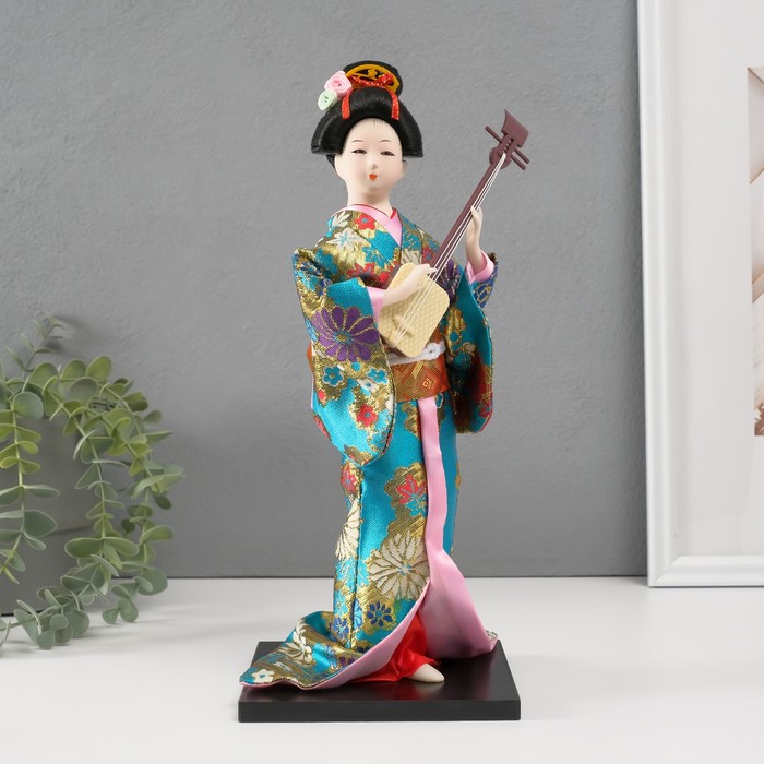 Кукла коллекционная "Гейша в цветочном кимоно с музыкальным инструментом" 30 см - Фото 1