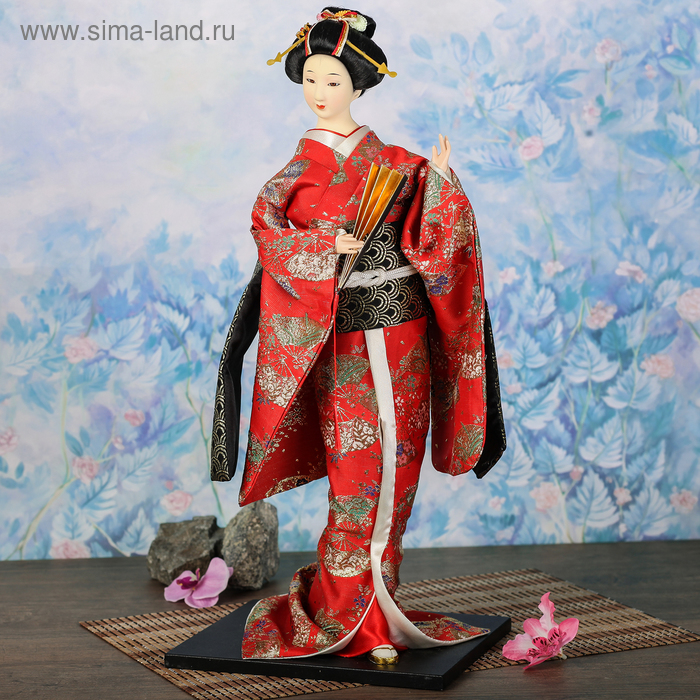 Кукла коллекционная "Гейша в красном кимоно с веером" 55 см - Фото 1