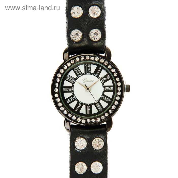 Часы женские наручные, на черном ремешке со стразами, черный обод - Фото 1
