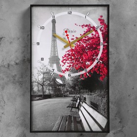 Часы-картина настенные, серия: Город, "Цветущее дерево в Париже", плавный ход, 57 х 35 см