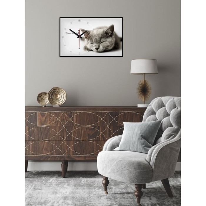 Часы-картина настенные, интерьерные "Серая кошка", плавный ход, 57 х 35 х 4 см - фото 1925775099