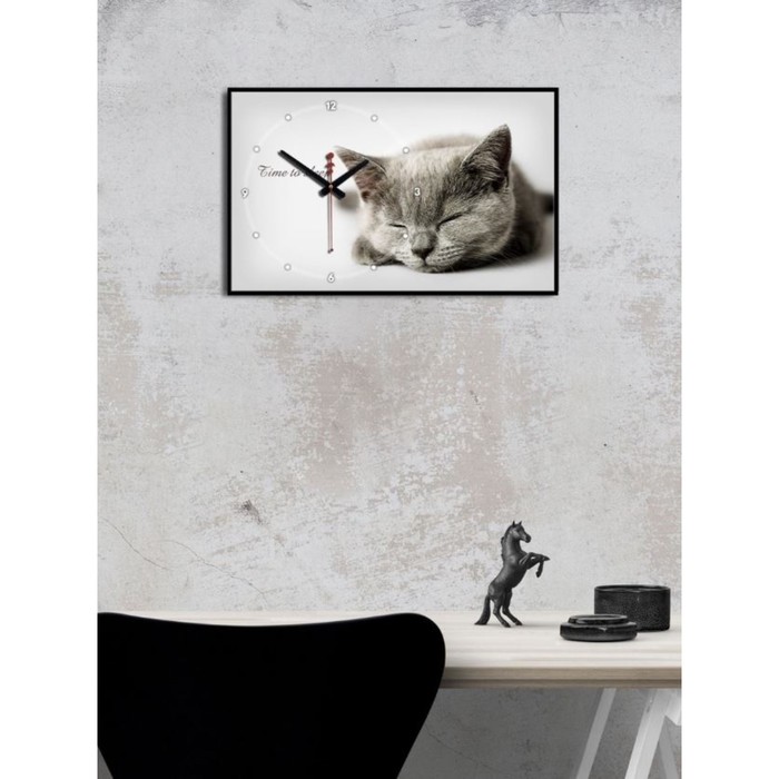 Часы-картина настенные, интерьерные "Серая кошка", плавный ход, 57 х 35 х 4 см - фото 1925775098