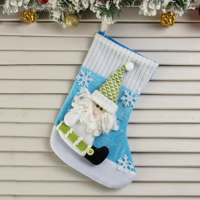 Мягкая подвеска "Носок - Дед Мороз в снежинках" 26*19 см бело-голубой - Фото 1