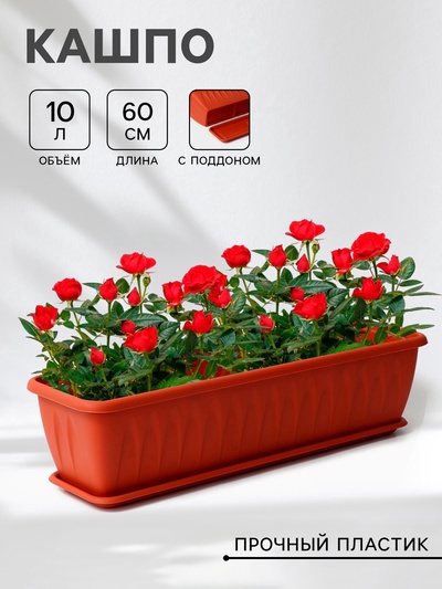 Балконный ящик для цветов «Алиция», 10 л, 60×18.5×15.5 см, с поддоном, цвет терракотовый