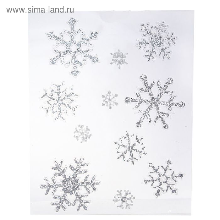 Наклейка на стекло "Снежиночки блестящие" (набор 11 шт) 28х37,5 см, серебро - Фото 1