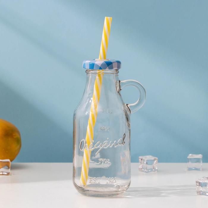 Бутыль стеклянная с крышкой и трубочкой, 200 мл, 7,5×6×14,5 см, цвет МИКС - Фото 1