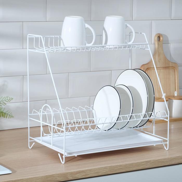 Сушилка для посуды с поддоном 2-х ярусная, 24×40×38 см, цвет белый - фото 1906795855