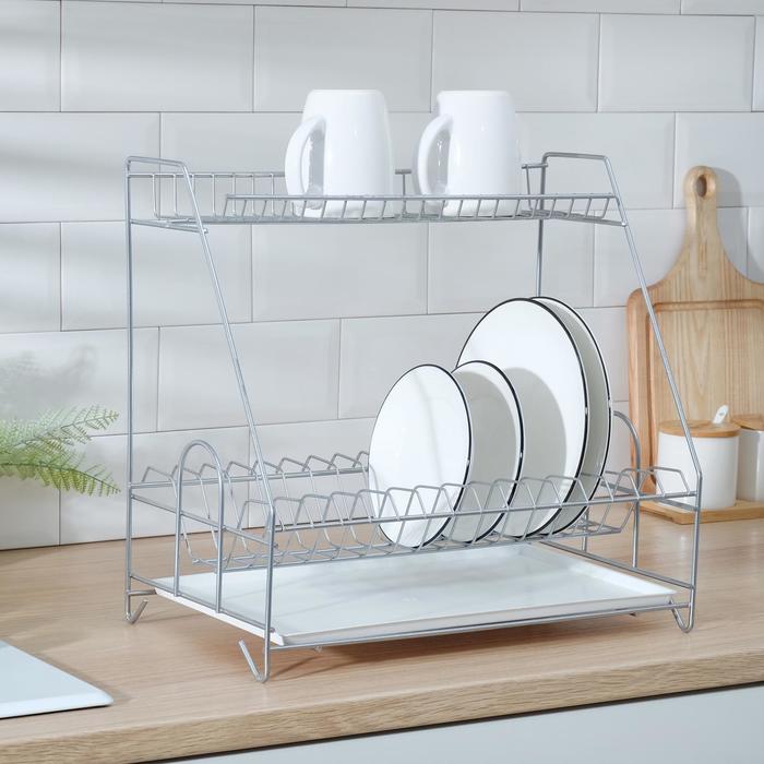 Сушилка для посуды с поддоном 2-х ярусная, 24×40×38 см, хром - Фото 1
