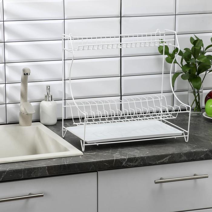 Сушилка для посуды с поддоном 2-х ярусная, настольно-настенная, 39.5×25×38 см, белый - Фото 1