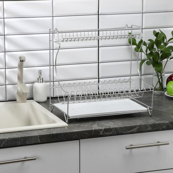 Сушилка для посуды с поддоном 2-х ярусная, настольно-настенная, 39.5×25×38 см, хром - Фото 1