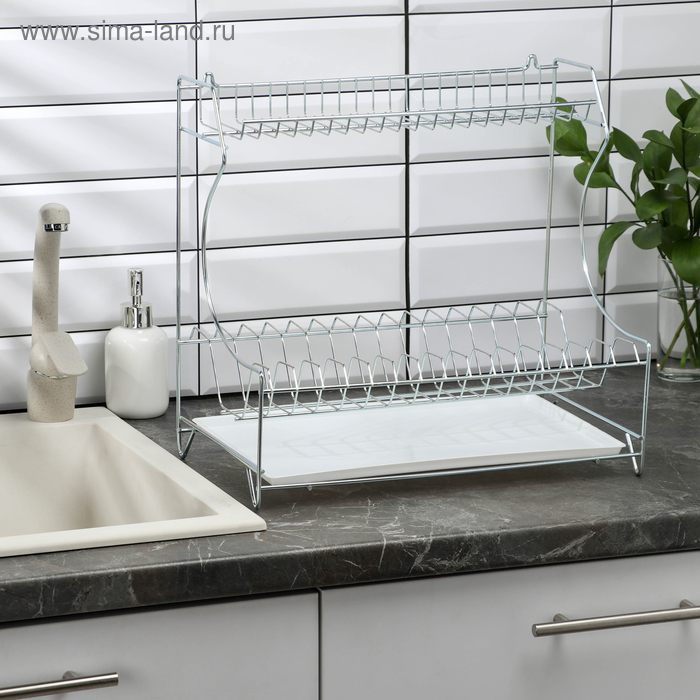Сушилка для посуды с поддоном 2-х ярусная, настольно-настенная, 39,5×25×38 см, цинк, серебристый - Фото 1