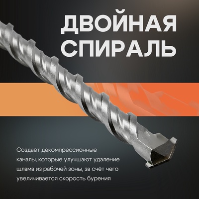 Бур по бетону ТУНДРА, двойная спираль, SDS-plus, 8×310 мм