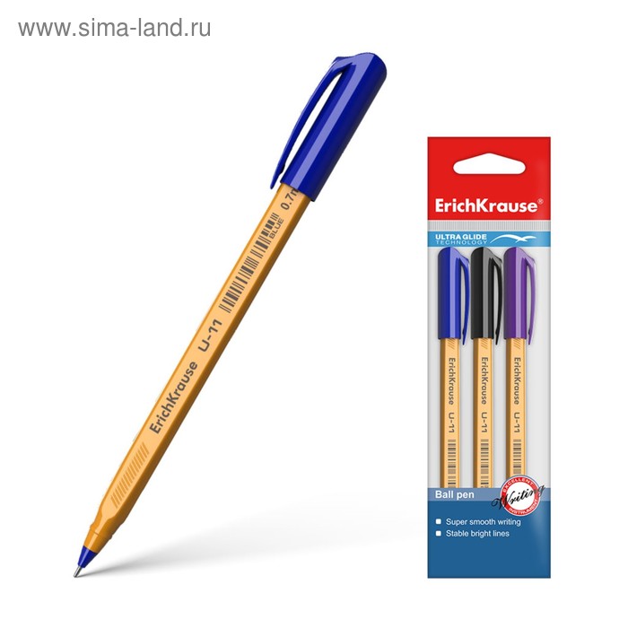 Набор ручек шариковых микс 3 цвета Erich Krause U-11 Yellow (синяя , черная, фиолетовая) 37099 - Фото 1