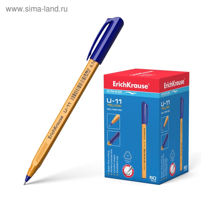 Ручка шариковая Erich Krause U-11 Yellow, узел 0.7 мм, чернила синие, трёхгранная, одноразовая, длина линии письма 1000 метров - Фото 1