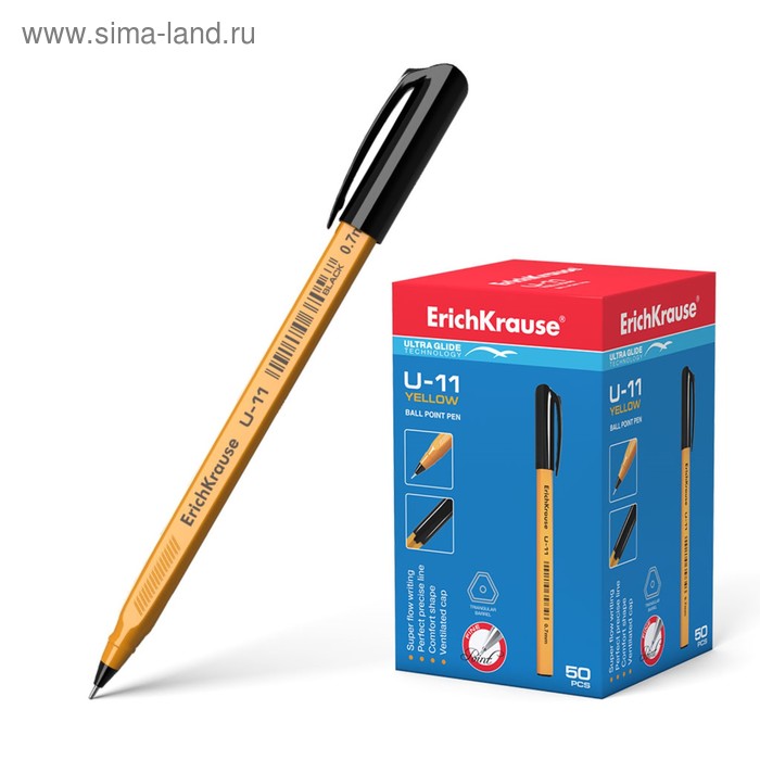 Ручка шариковая Erich Krause U-11 Yellow, узел 0.7мм, чернила чёрные, трехгранная, одноразовая, длина линии письма 1000м - Фото 1