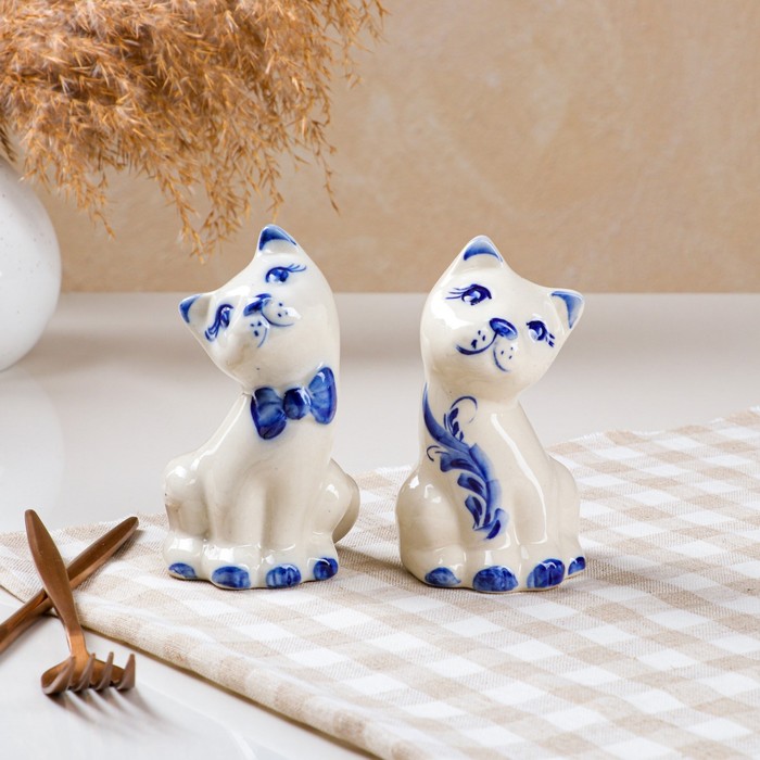 Набор для специй "Котята", 2 предмета, роспись, бело-синий, керамика, 12 см - Фото 1