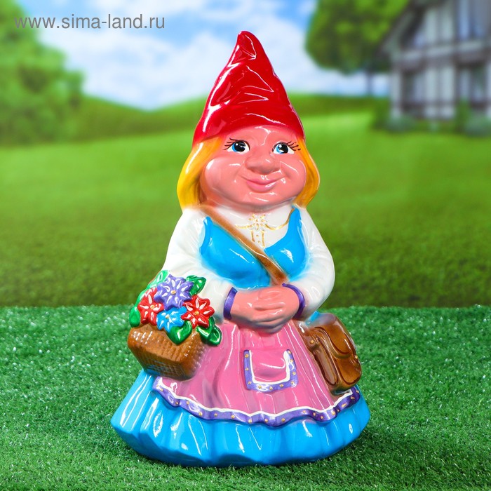 Садовая фигура "Девочка гномик с цветами", разноцветная, 30 см - Фото 1