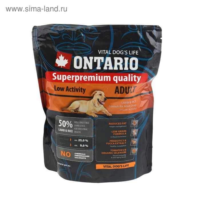 ONTARIO Low Activity-Lamb (для собак с пониженной активностью, с мясом ягненка) 0,9кг - Фото 1
