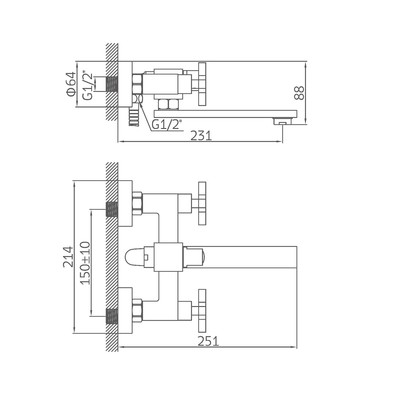 Смеситель для ванны Accoona A6275, двухвентильный, дивертор в корпусе, душевой набор, хром