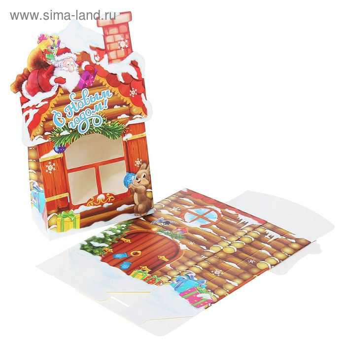 Коробка сборная фигурная "Домик и Дед Мороз", с PVC окном - Фото 1