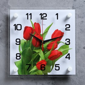 Часы-картина настенные, серия: Цветы, "Тюльпаны на белом фоне", 25 х 25 см