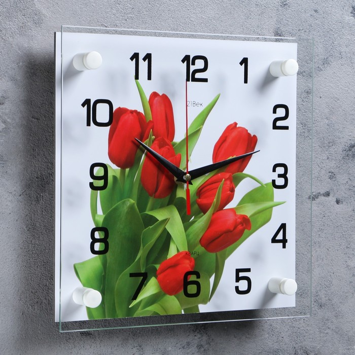 Часы настенные: Цветы, "Тюльпаны на белом фоне", 25 х 25 см - фото 1905346913
