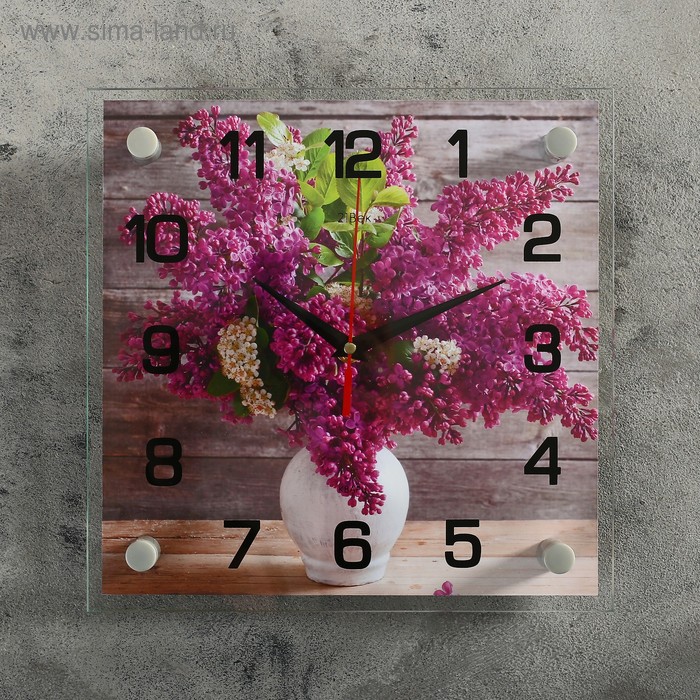 Часы настенные: Цветы, Сирень в белой вазе, 25х25 см