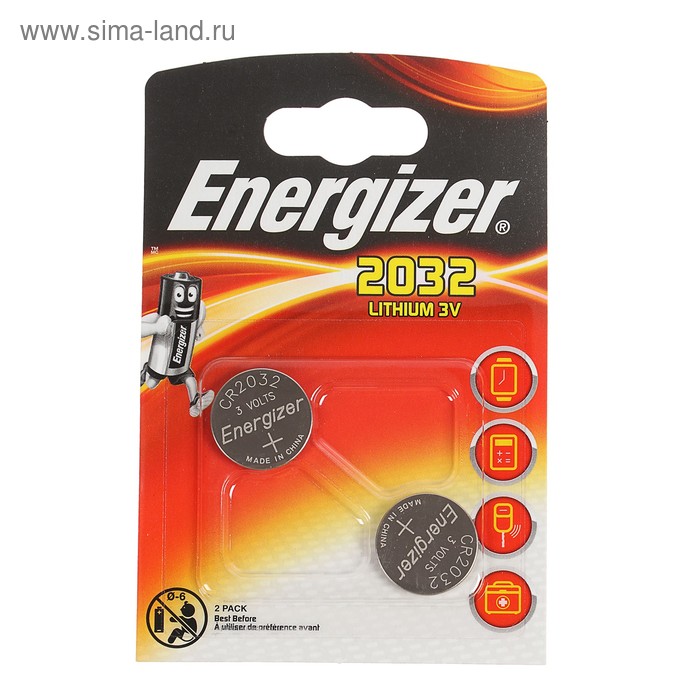 Батарейка литиевая Energizer, CR2032-2BL, 3В, блистер, 2 шт. - Фото 1