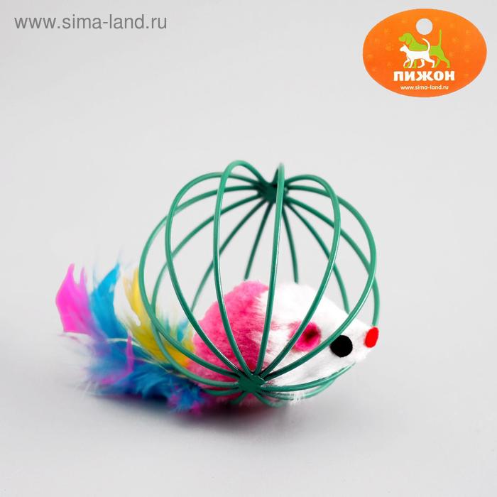 Игрушка Мышь в шаре с перьями, 6 см, микс цветов - Фото 1
