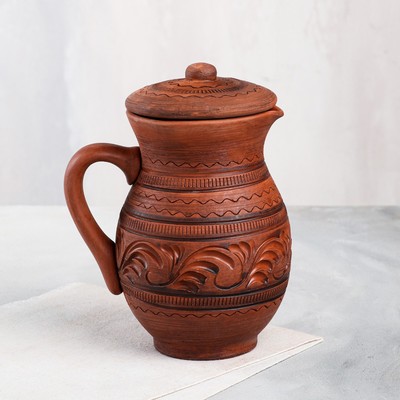 Кувшин с крышкой "Резной", декор, глазурь, красная глина, 1 л, микс