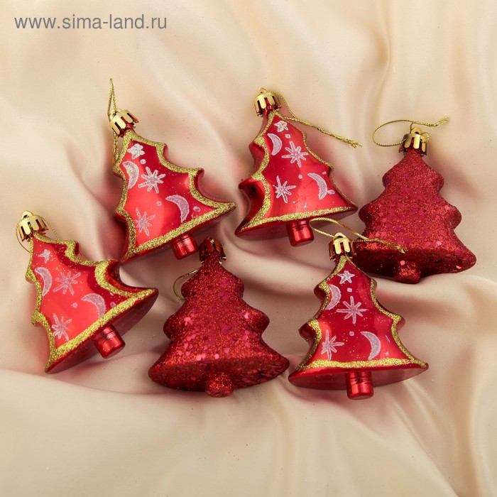 Украшение ёлочное "Ёлочки с месяцем" (набор 6 шт) 6х6,5 см микс - Фото 1