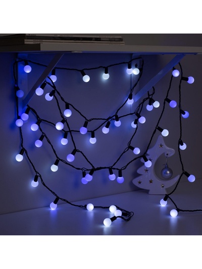 Гирлянда «Нить» 10 м с насадками «Шарики 2.5 см», IP44, тёмная нить, 100 LED, свечение бело-синее, мигание, 220 В