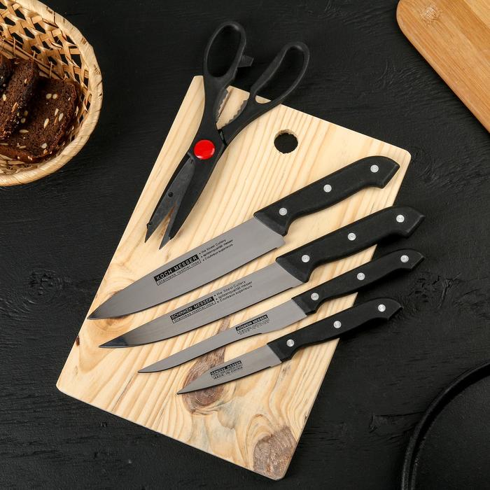 Набор кухонных принадлежностей, 6 предметов: 4 ножа 8 см, 13 см, 16 см, 16 см, ножницы, доска 28×18 см