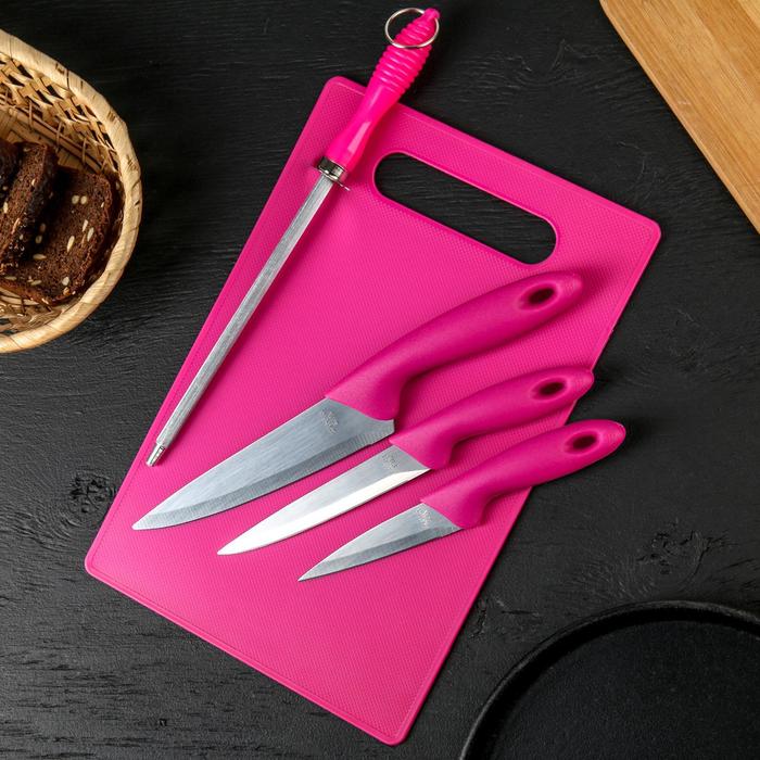 Набор кухонных принадлежностей, 5 предметов: ножи 9 см, 12 см, 15 см, мусат, доска, МИКС - Фото 1
