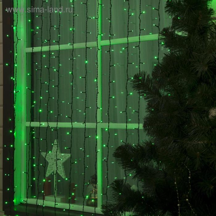 Гирлянда "Занавес" 2 х 6 м , IP44, УМС, тёмная нить, 1440 LED, свечение зелёное, 220 В - Фото 1