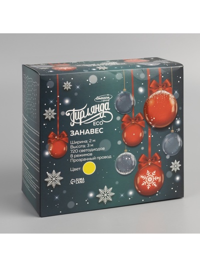 Гирлянда «Занавес» 2×3 м, IP20, прозрачная нить, 720 LED, свечение жёлтое, 8 режимов, 220 В