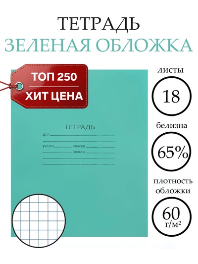 Тетрадь 18 листов в клетку «Зелёная обложка», эконом, плотность 60 г/м²