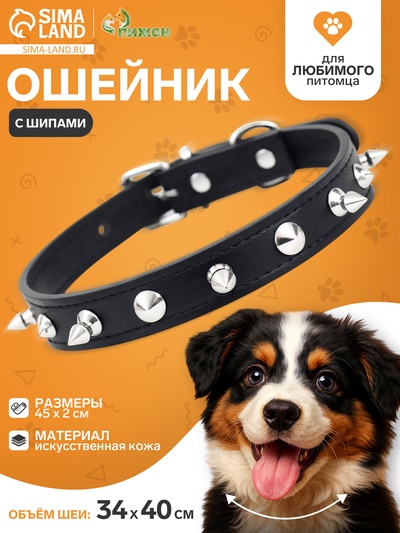 Ошейник с шипами «Лион», 45×2 см, ОШ 34-40 см, искусственная кожа, чёрный