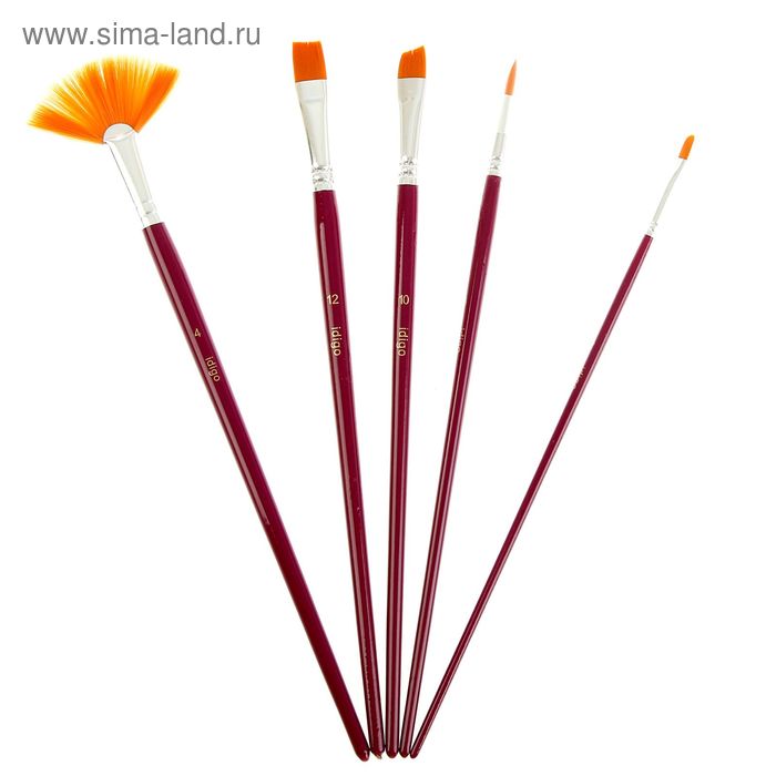 Набор кистей Синтетика 5 штук idigo №12 плоская, №6 веер, №4 круглая №10скошенная №4 полукруглая sb255 - Фото 1