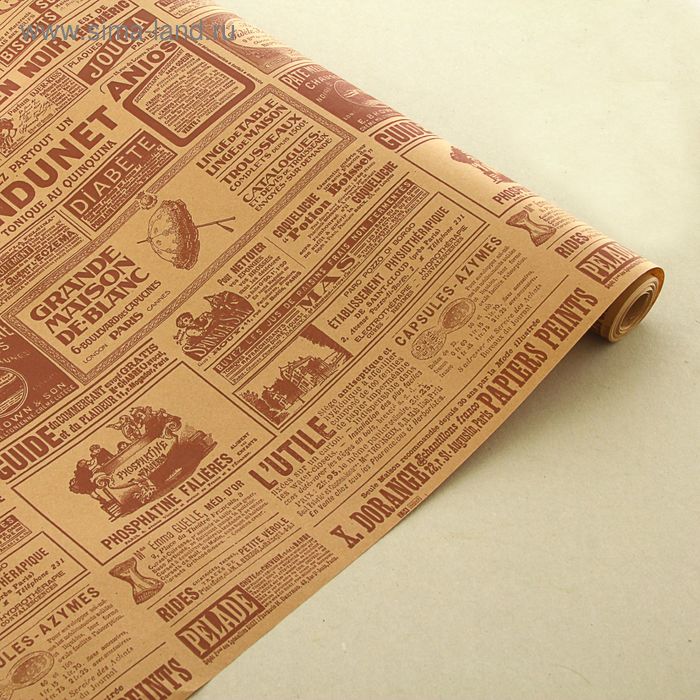 Бумага упаковочная крафт "Винтажная газета", коричневый, 70 см х 8,5 м - Фото 1