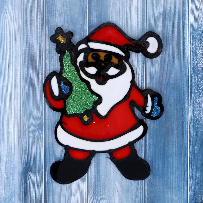 Наклейка на стекло "Дед Мороз в колпаке с ёлкой" 13х10 см - Фото 1