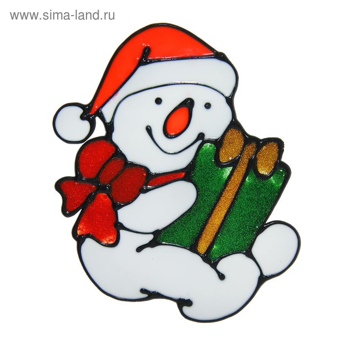 Наклейка на стекло "Снеговик с бантиком и подарком" 15,5х13 см - Фото 1