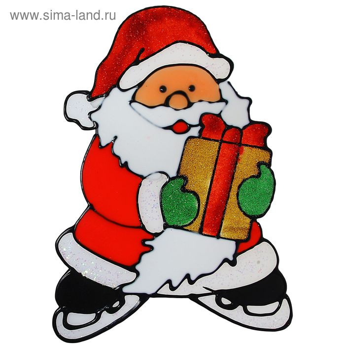 Наклейка на стекло "Дед Мороз на коньках с подарочком" 20х14 см - Фото 1