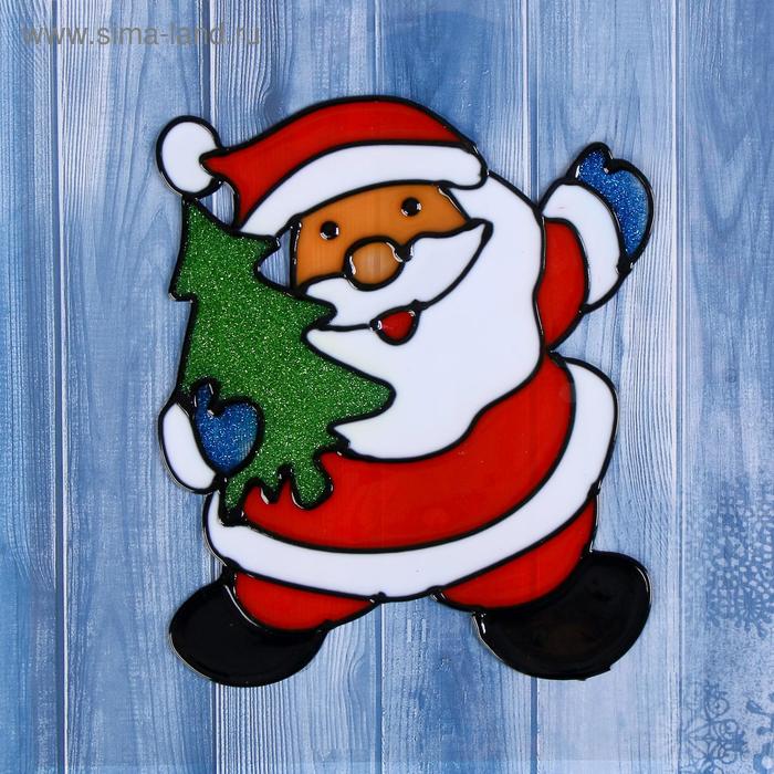 Наклейка на стекло "Дед Мороз с ёлочкой - кайма" 14х12 см - Фото 1