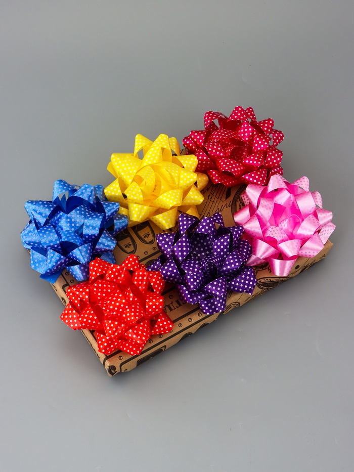 Подарочный Бант - звезда №10.2 в горох, для упаковки подарков, набор 6 шт., АССОРТИ - Фото 1