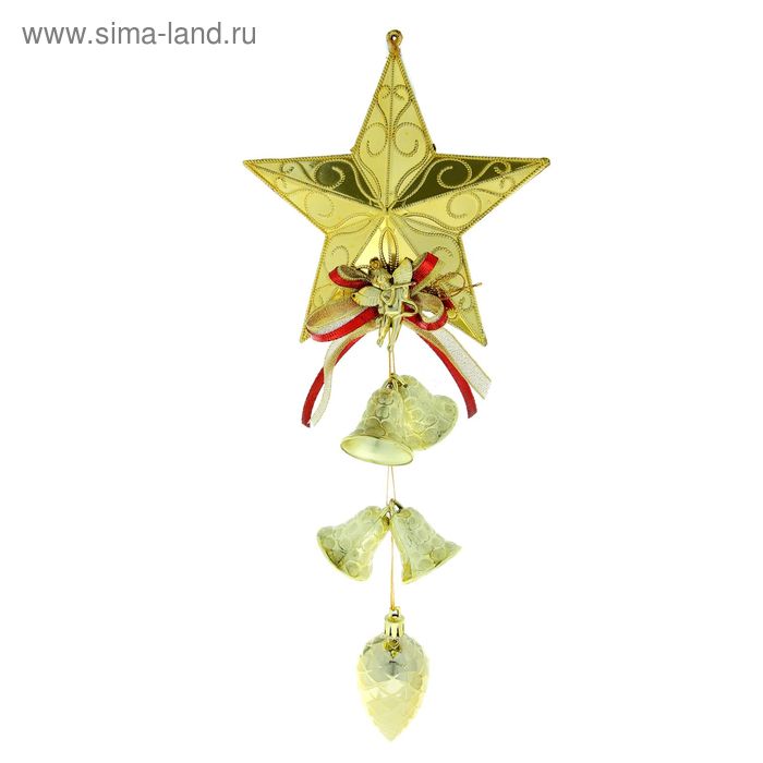 Украшение новогоднее "Звезда с колокольчиками и шишкой" 39 см, золото - Фото 1