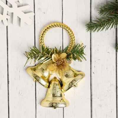 Украшение новогоднее "Три колокольчика с цветком на кольце" 10х14,5 см, золото