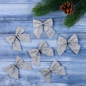 Ёлочные игрушки 12 шт. «Зимнее волшебство. Бантик - блеск» пластик, 4.5?5.5 см, серебро (комплект 2 шт)