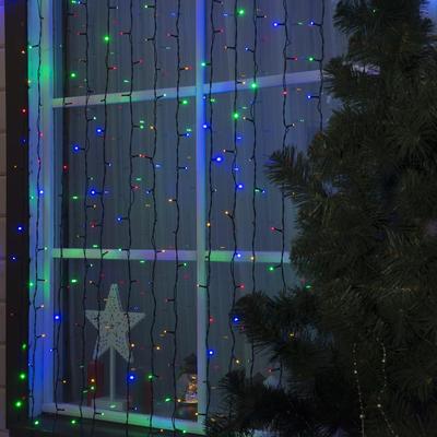 Гирлянда "Занавес" 2 х 6 м , IP44, УМС, тёмная нить, 1440 LED, свечение мульти, фиксинг, 220 В