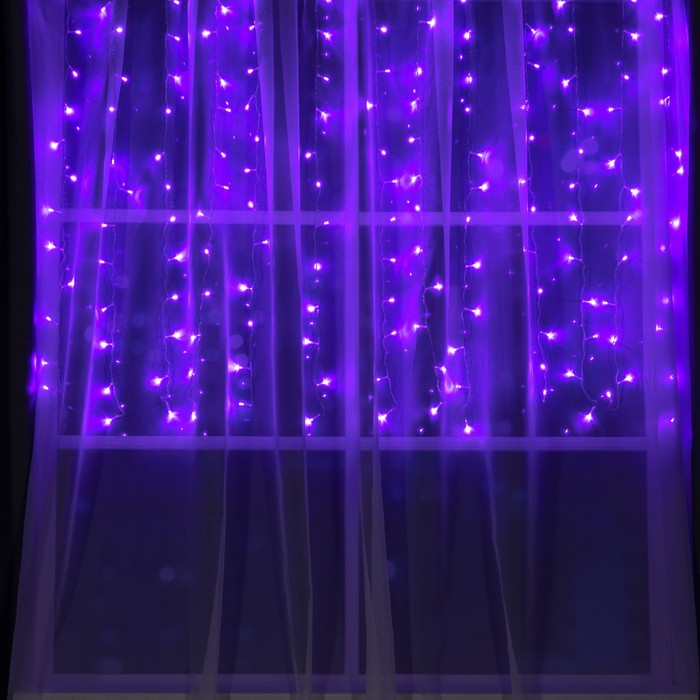 Гирлянда «Занавес» 1.5 × 1 м, IP20, прозрачная нить, 180 LED, свечение фиолетовое, 8 режимов, 220 В - фото 1908254427